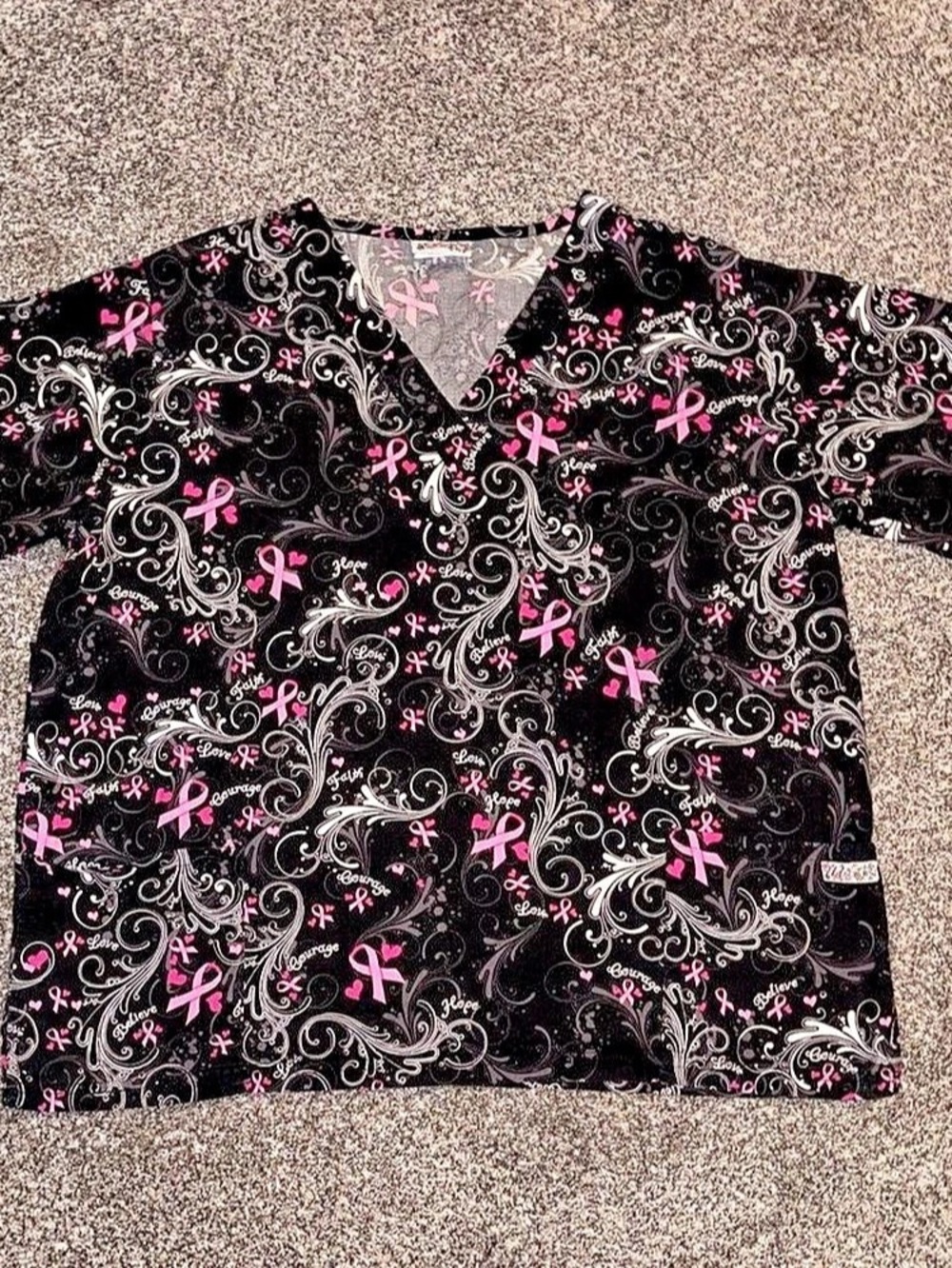 Y2K whimsy goth style scrub top with breast cancer awareness design